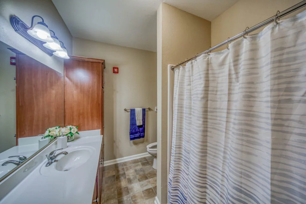 view of shower, sink, and toilet in bathroom